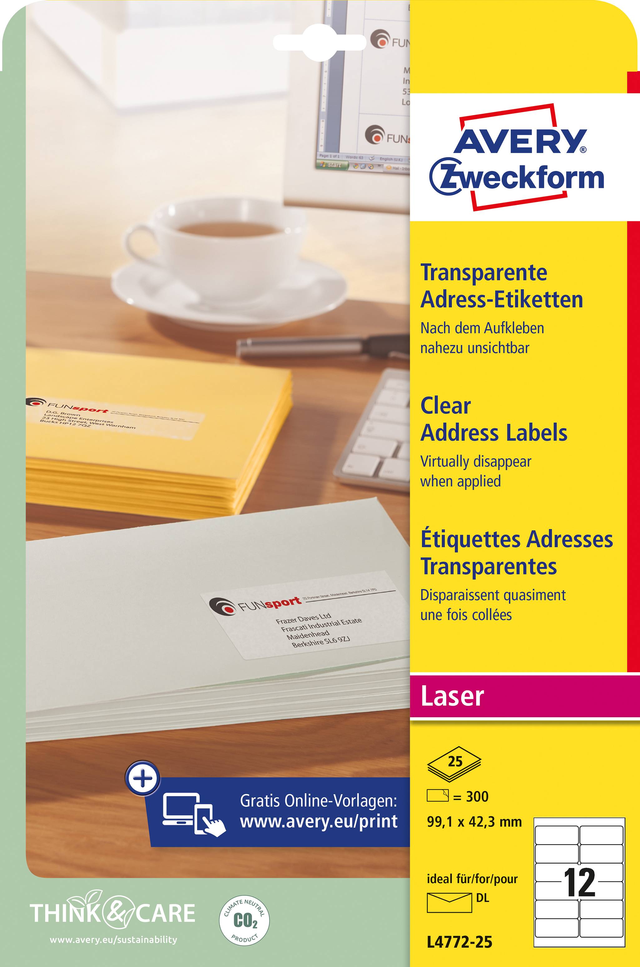 Zweckform Avery-L4772-25 Adress-Etiketten 99.1 x 42.3mm Polyester-Folie Transparent 300 St. Permanent haftend Laserdrucker