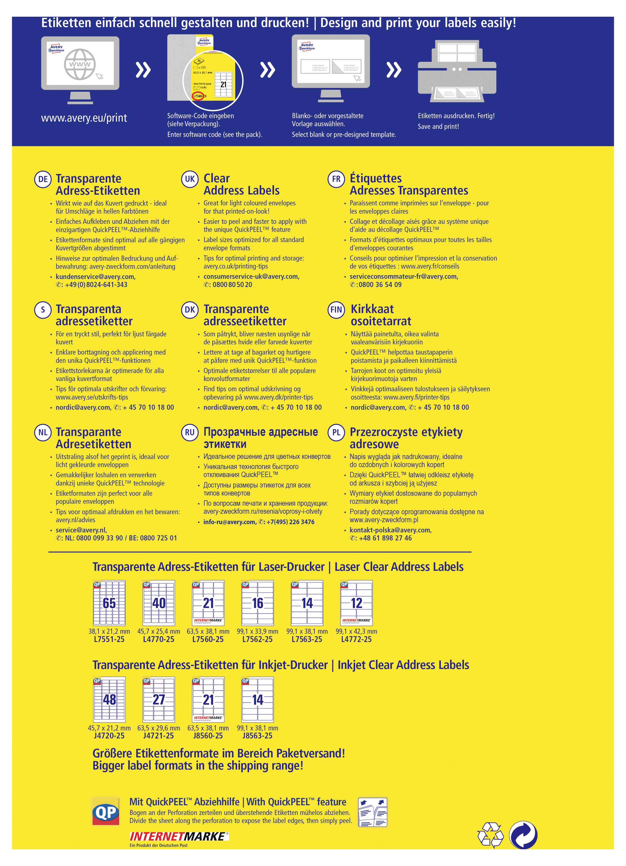Gelbes Avery Zweckform-Plakat, das transparente Adressetiketten bewirbt und zeigt, wie man Etiketten gestaltet und druckt, mit aufgelisteten Etikettentypen und Druckerformaten in mehreren Sprachen.