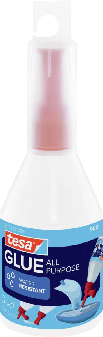 Flasche mit tesa Universalkleber, wasserfest, 90 g, mit blauem Etikett und roter Flüssigkeit im Inneren.