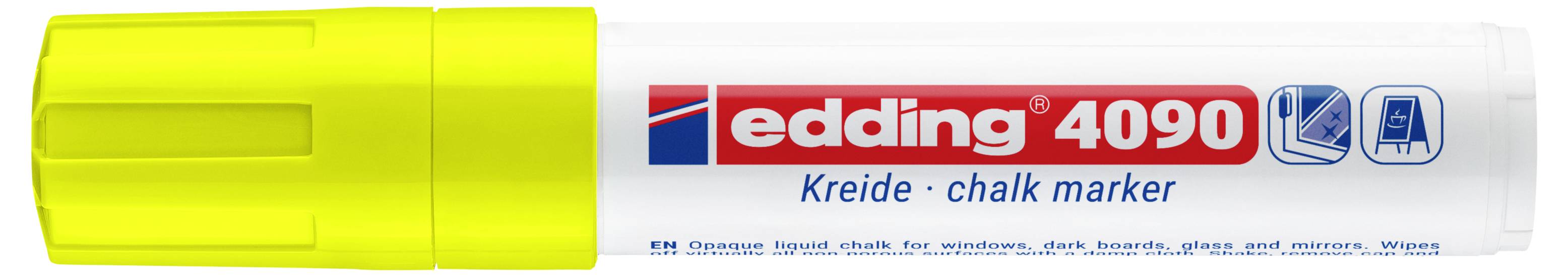 Gelb gekappter Edding 4090 Kreidemarker, gekennzeichnet zur Verwendung auf Glas, Fenstern, Spiegeln und mehr.