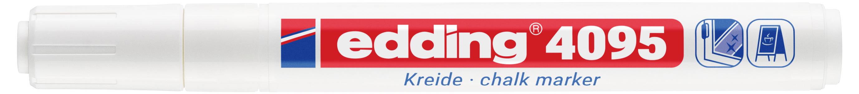 Weißer edding 4095 Kreidemarker mit rotem Etikett und blauem Deckel, gezeigt in der Verpackung.