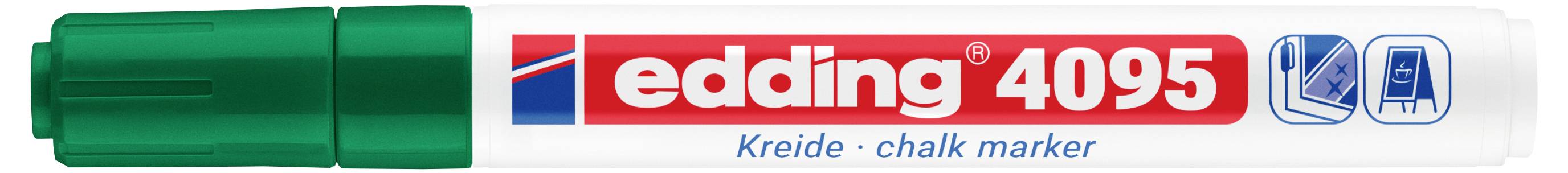 Grüner Edding 4095 Kreidemarker mit weißem Schaft, rotem Logo und blauer Kappe; gekennzeichnet für die Verwendung mit Kreide.