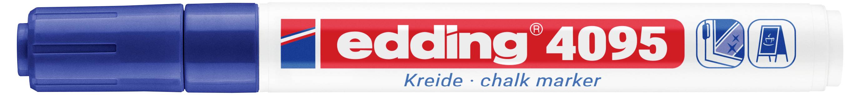 Blauer Kreidemarker mit der Bezeichnung "edding 4095" und "Kreide · chalk marker" auf dem Schaft.