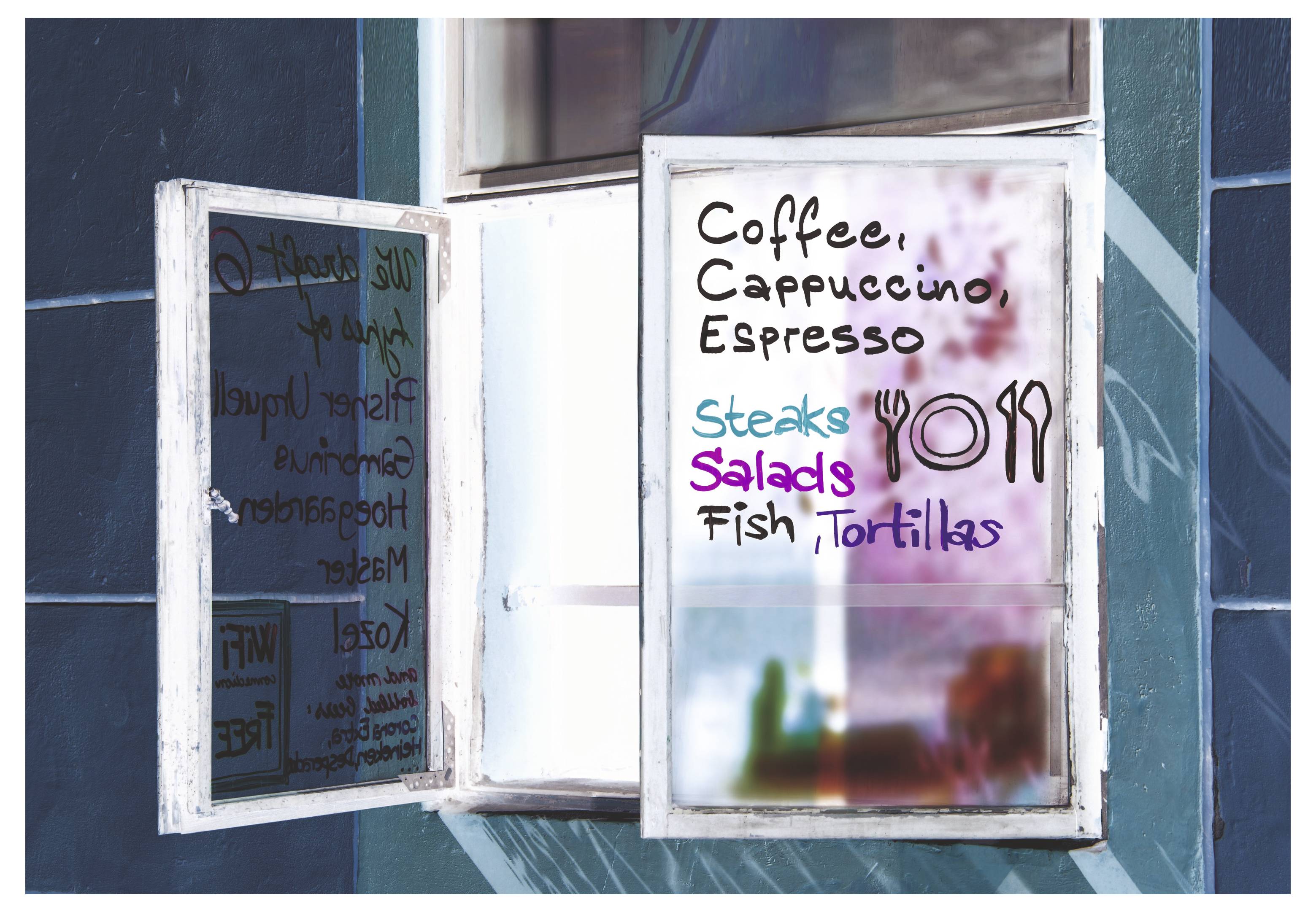 Fenster offen – Zeichen mit Kaffeeangebot, Cappuccino, Espresso, Steaks, Salate, Fisch und Tortillas.