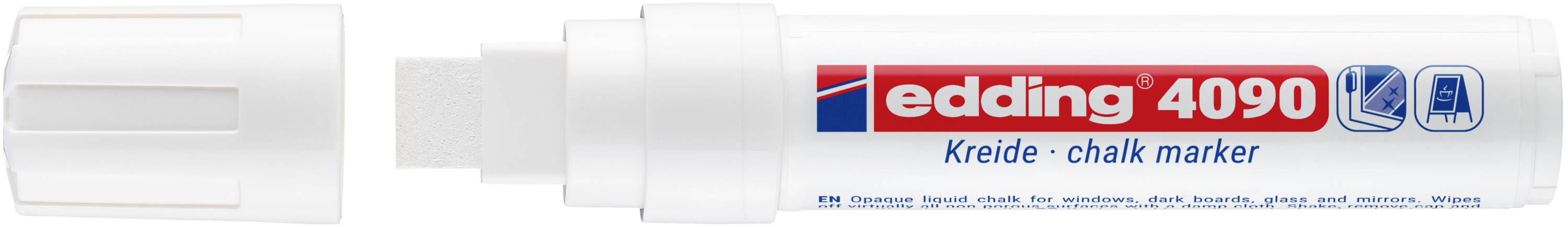 Weißer Edding 4090 Kreidemarker mit breiter Meißelspitze und Kappe, gezeigt in der Produktverpackung.