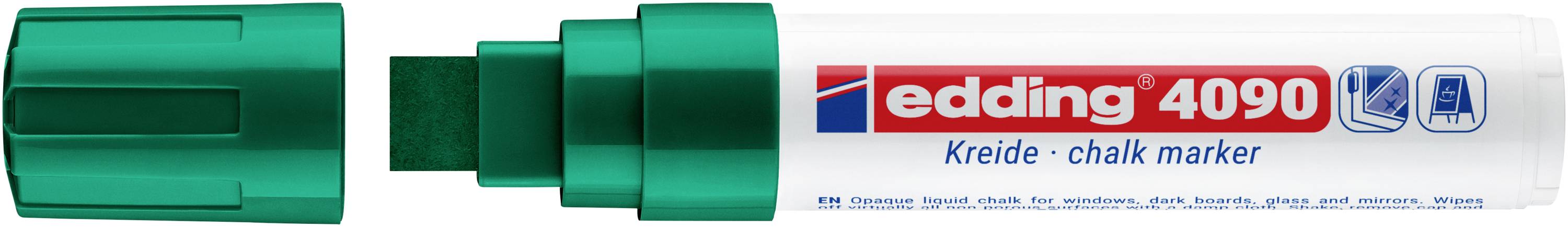 Grüner und weißer Edding 4090 Kreidemarker mit Keilspitze, rot und blau beschriftet, dargestellt neben seiner Kappe.
