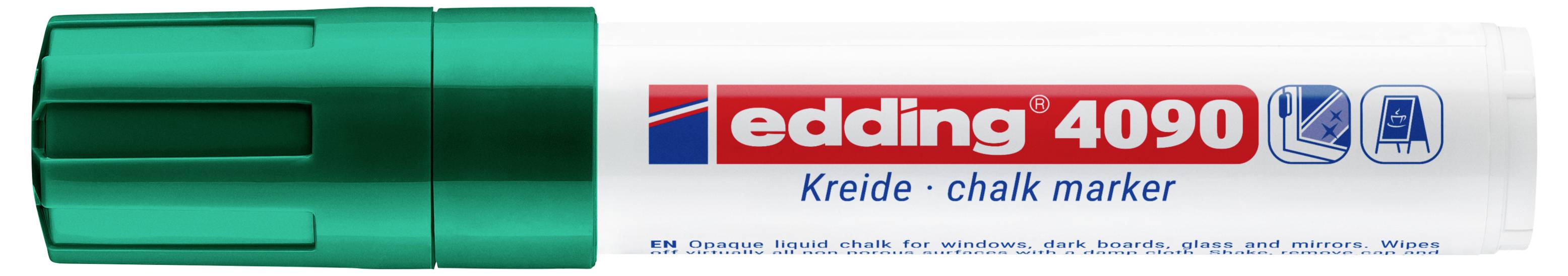 Edding 4090 Kreide-Kreidemarker mit grüner Kappe und weißem Gehäuse, Verpackung mit Markenlogo und Markerspitzensymbolen.