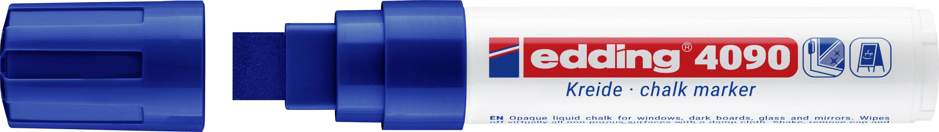 Blauer Edding 4090 Kreidemarker mit Kappe, beschriftet mit „Kreide - Kreidemarker