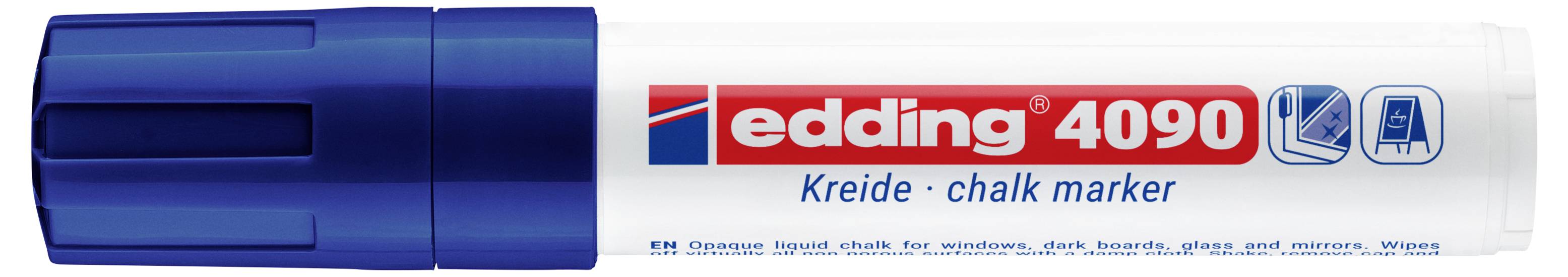 Edding 4090 Kreidemarker mit blauer Kappe, weißem Schaft und rotem Logo-Etikett.