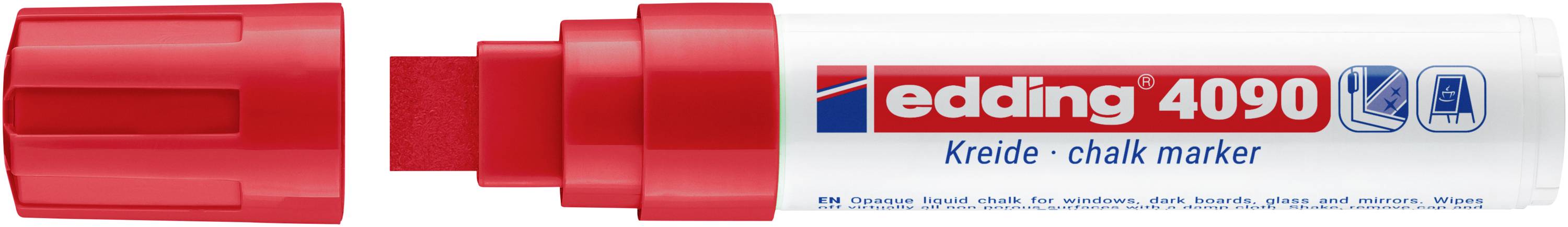 Roter Edding 4090 Kreidemarkierstift mit breiter roter Kappe und weißem Etikett auf dem Schaft mit der Aufschrift „edding 4090 Kreide Kreidemarkierstift