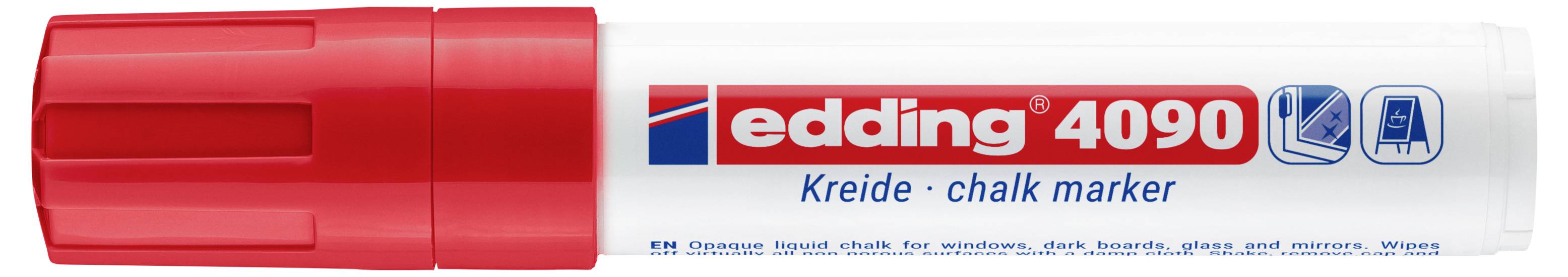 Roter Edding 4090 Kreidemarker mit roter Kappe auf weißem Schaft, horizontal auf weißem Hintergrund dargestellt.