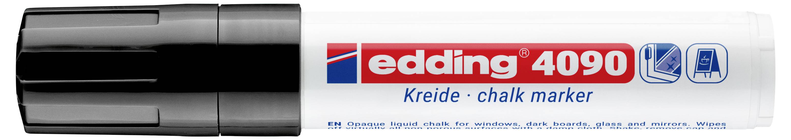 Edding 4090 Kreide-Marker mit schwarzer Kappe und weißem Fass, gekennzeichnet für die Verwendung auf Glas, Metall und anderen glatten Oberflächen.