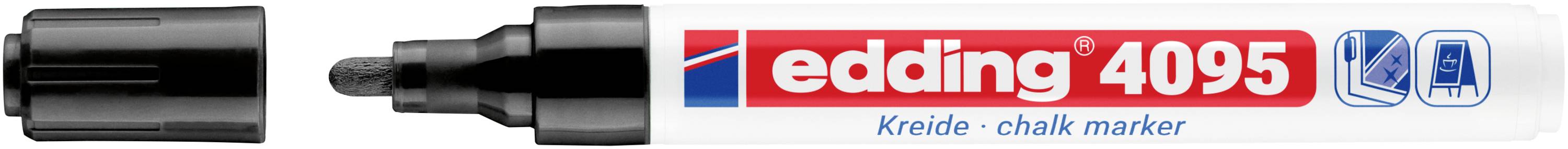 Edding 4095 Kreidemarker mit schwarzer Kappe und Keilspitze, horizontal dargestellt mit rot-blauem Etikett.