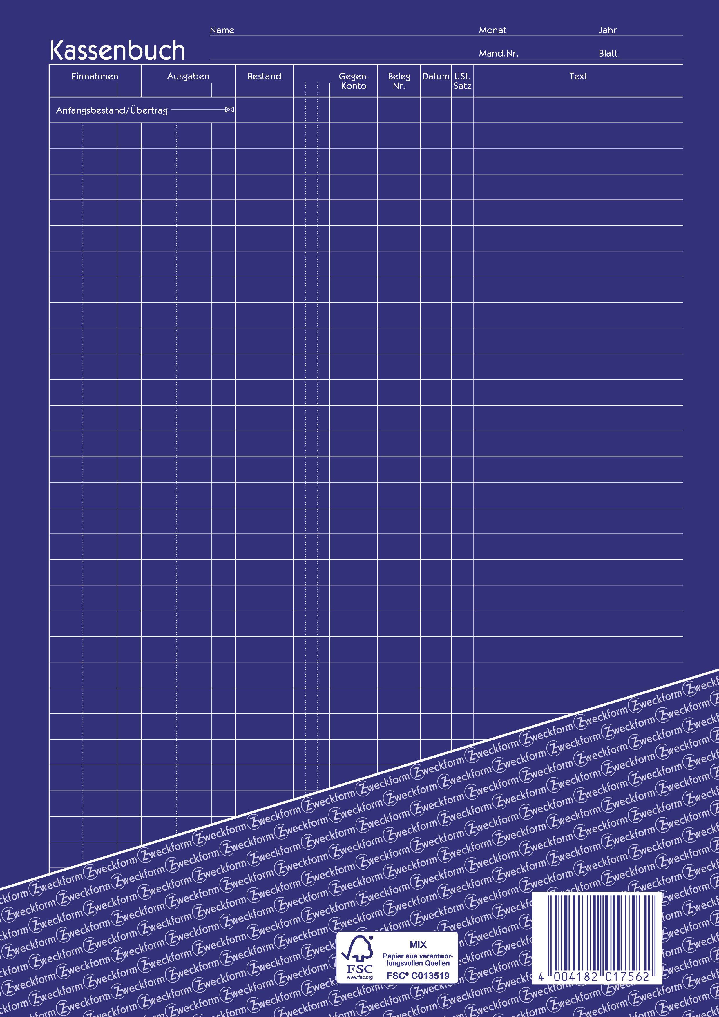 Avery-Zweckform Kassenbuch 1756 DIN A4 Weiß Anzahl der Blätter: 40 selbstdurchschreibend: Ja