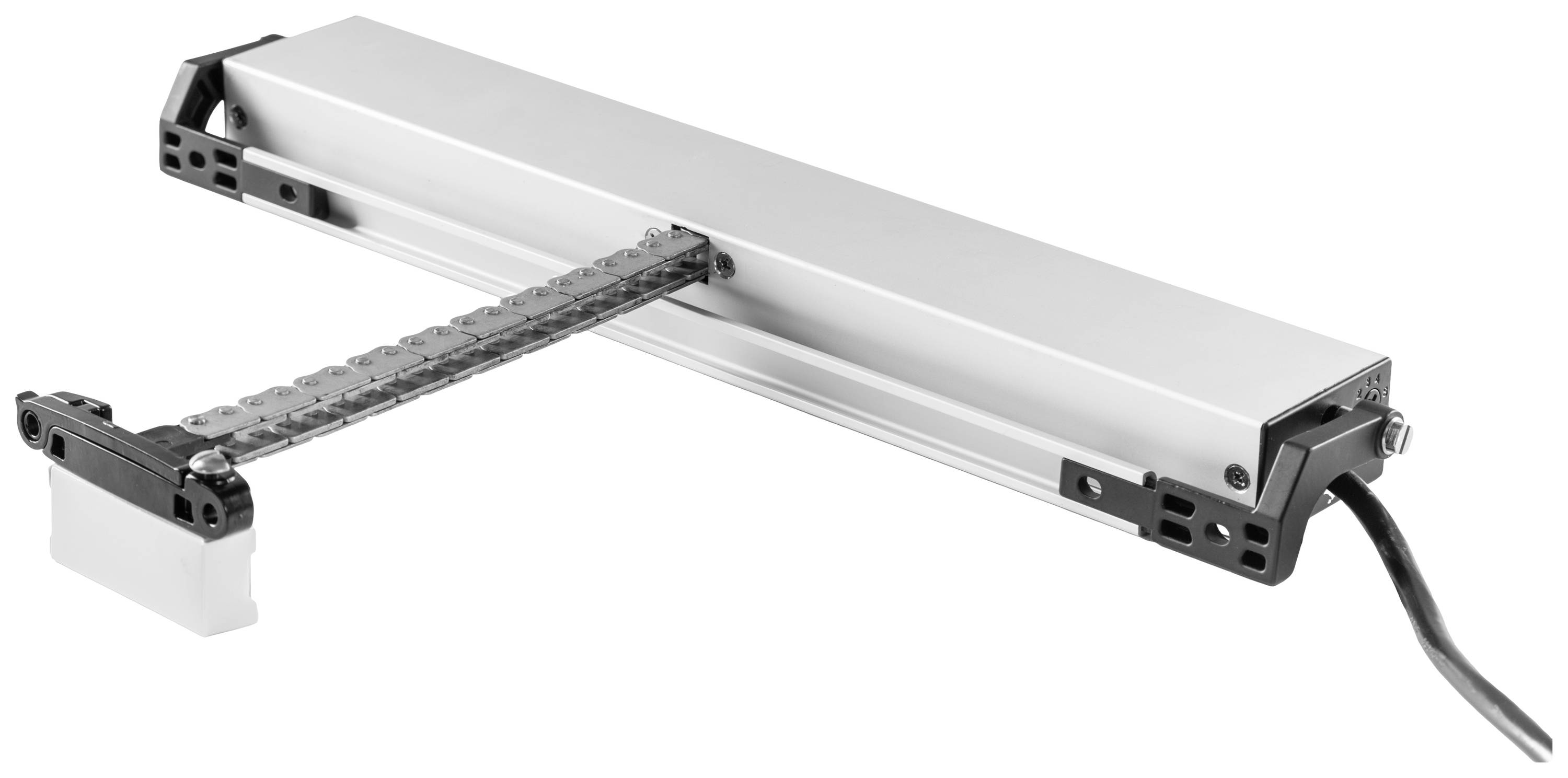 Ein Kettenantrieb, oft verwendet in automatisierten Fenstersystemen, mit einem silbernen Gehäuse und einer schwarzen Kette.