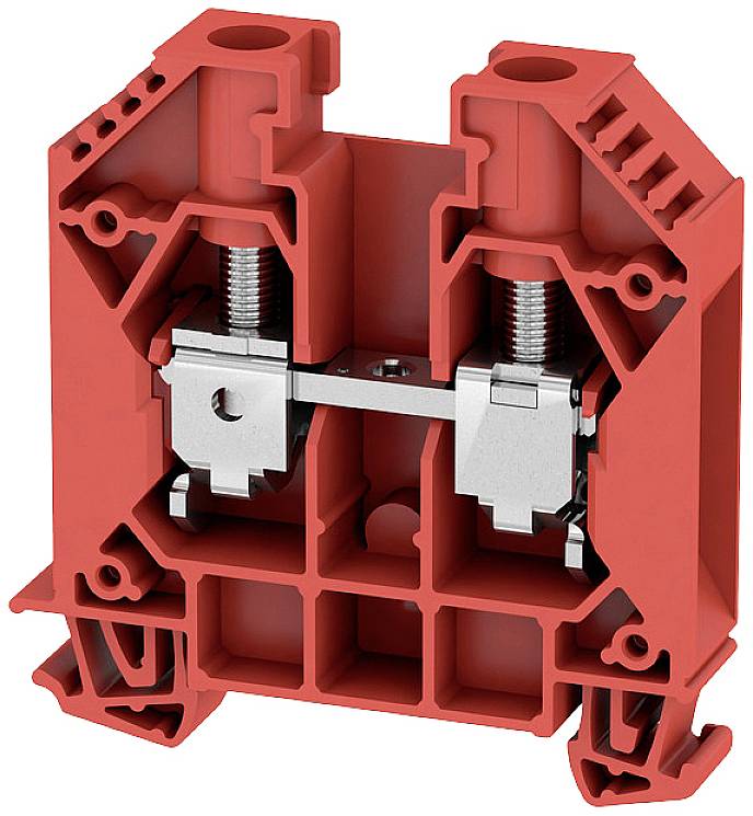 Rote elektrische Klemmenblock mit Metallverschraubung in der Mitte. Modell zur Verbindung elektrischer Leitungen in Schaltanlagen.