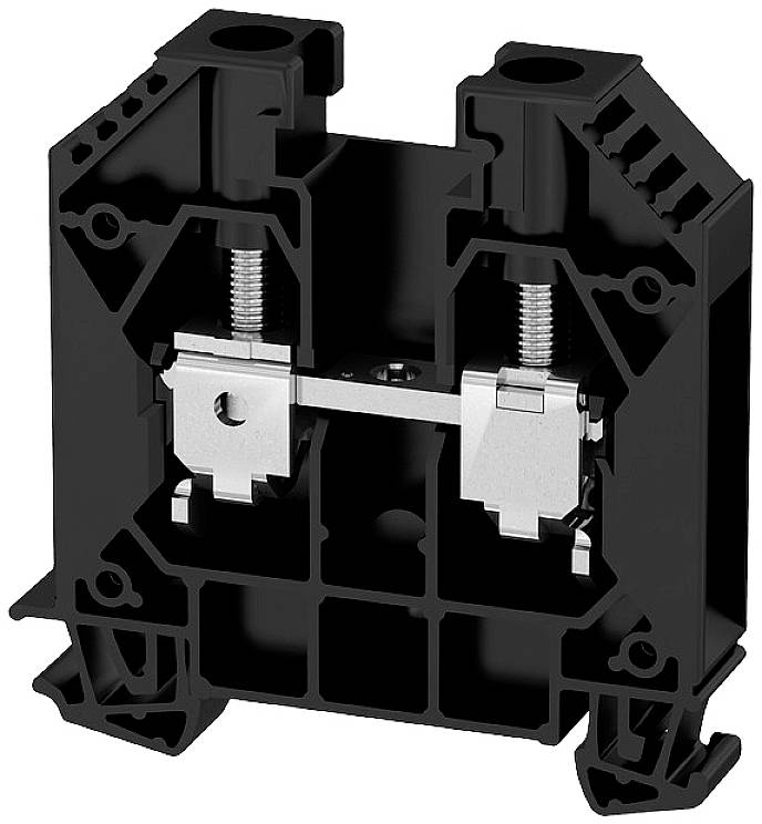 Abgebildet ist eine schwarze elektrische Klemme mit metallischen Kontakten in der Mitte, die zur Verbindung von Kabeln dient.