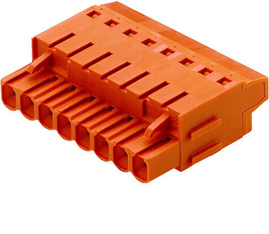 Oranger Kunststoffstecker mit mehreren Anschlüssen, verwendet für elektrische Verbindungen in technischen Geräten.
