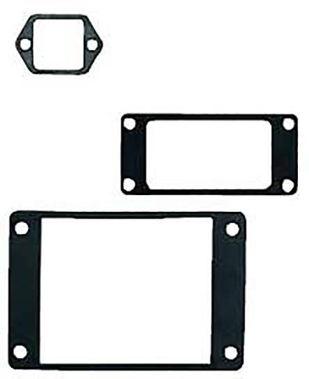 Drei rechteckige schwarze Dichtungen mit Löchern an den Ecken, unterschiedliche Größen, auf weißem Hintergrund.