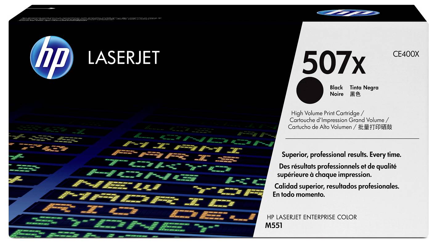 HP LaserJet 507x schwarze Tonerpatrone für Hochvolumen-Druck, gekennzeichnet mit CE400X und kompatibel mit LaserJet Enterprise Color M551.
