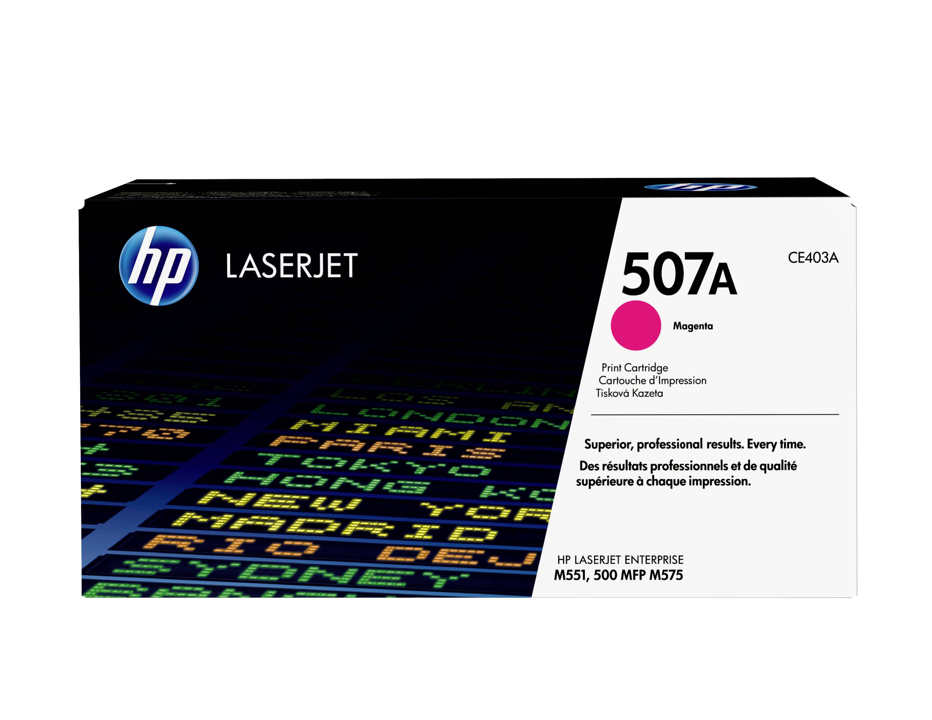 HP LaserJet 507A Magentatomerkassette, gekennzeichnet mit CE403A für HP LaserJet Enterprise M551, M575 Drucker.