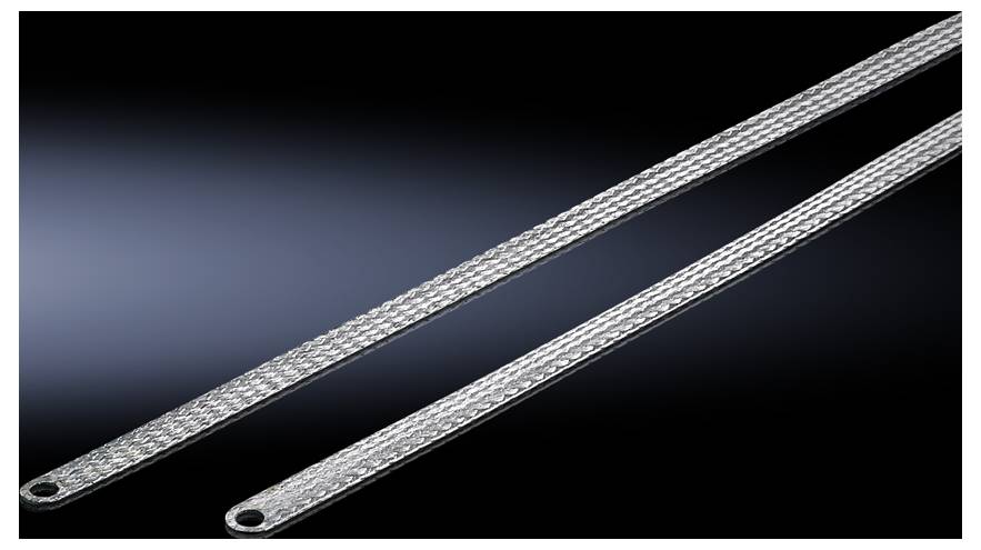 Zwei silberne, geflochtene Metallstreifen vor schwarzem Hintergrund. Sie haben an einem Ende ein Loch zur Befestigung.