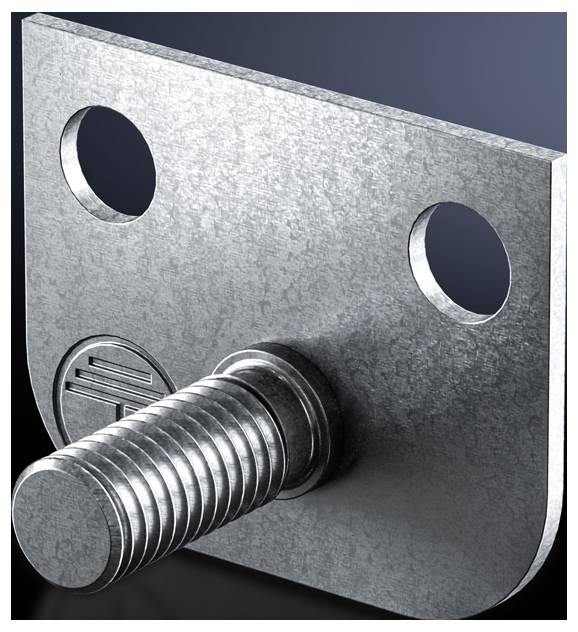 Metallwinkel mit Gewindebolzen und zwei Löchern, verwendet für Befestigungen oder Verbindungen in technischen Anwendungen.