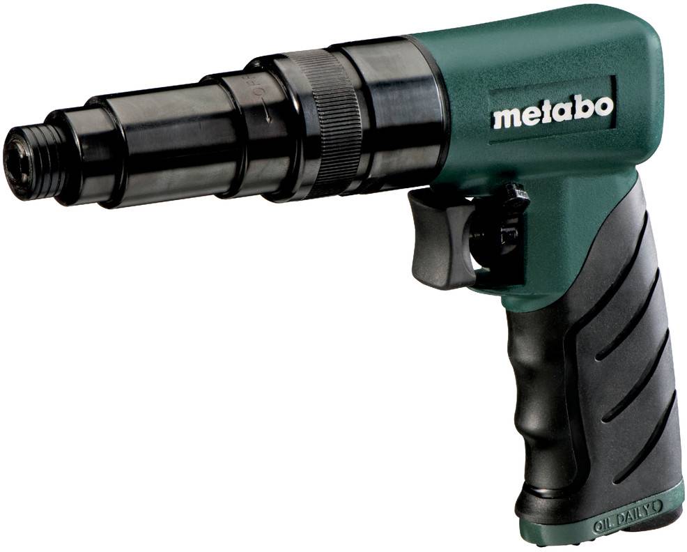 Grünes Metabo tragbares pneumatisches Werkzeug mit schwarzem Griff und Düse, gezeigt auf weißem Hintergrund.