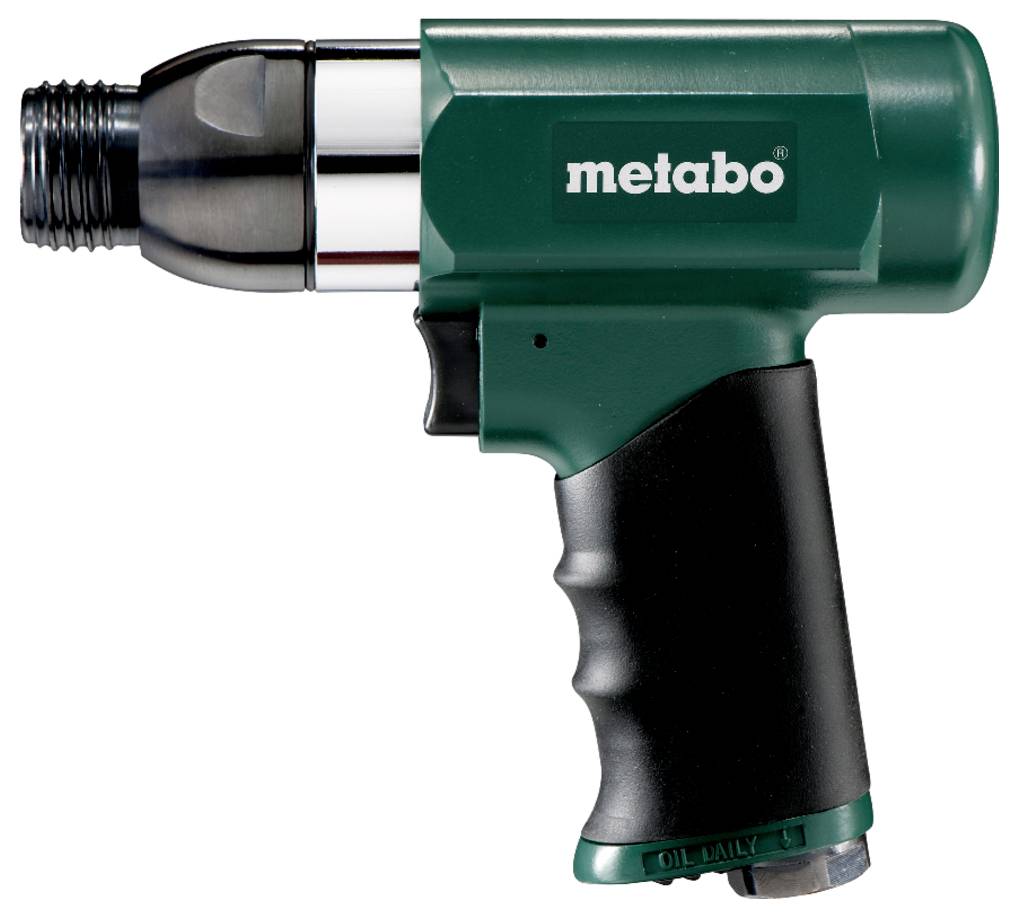 Ein Metabo-Druckluftgerät mit grünem Gehäuse und schwarzem Griff, für industrielle Anwendungen konzipiert, liegt flach und nach links geneigt.
