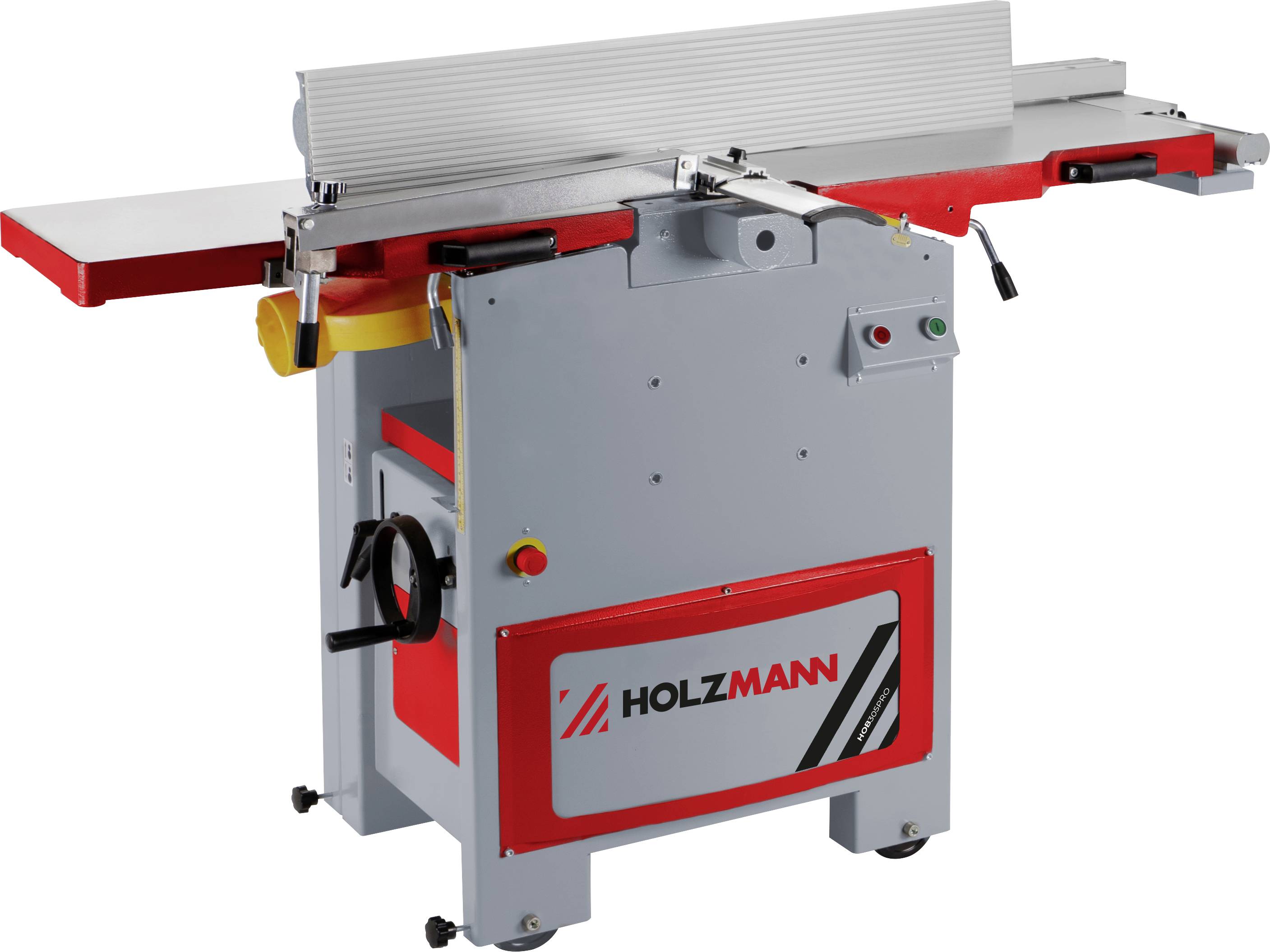 Eine rot-graue Holzmann Hobelmaschine mit mehreren Hebeln und Knöpfen. Sie dient zum Glätten von Holzoberflächen in der Holzbearbeitung.