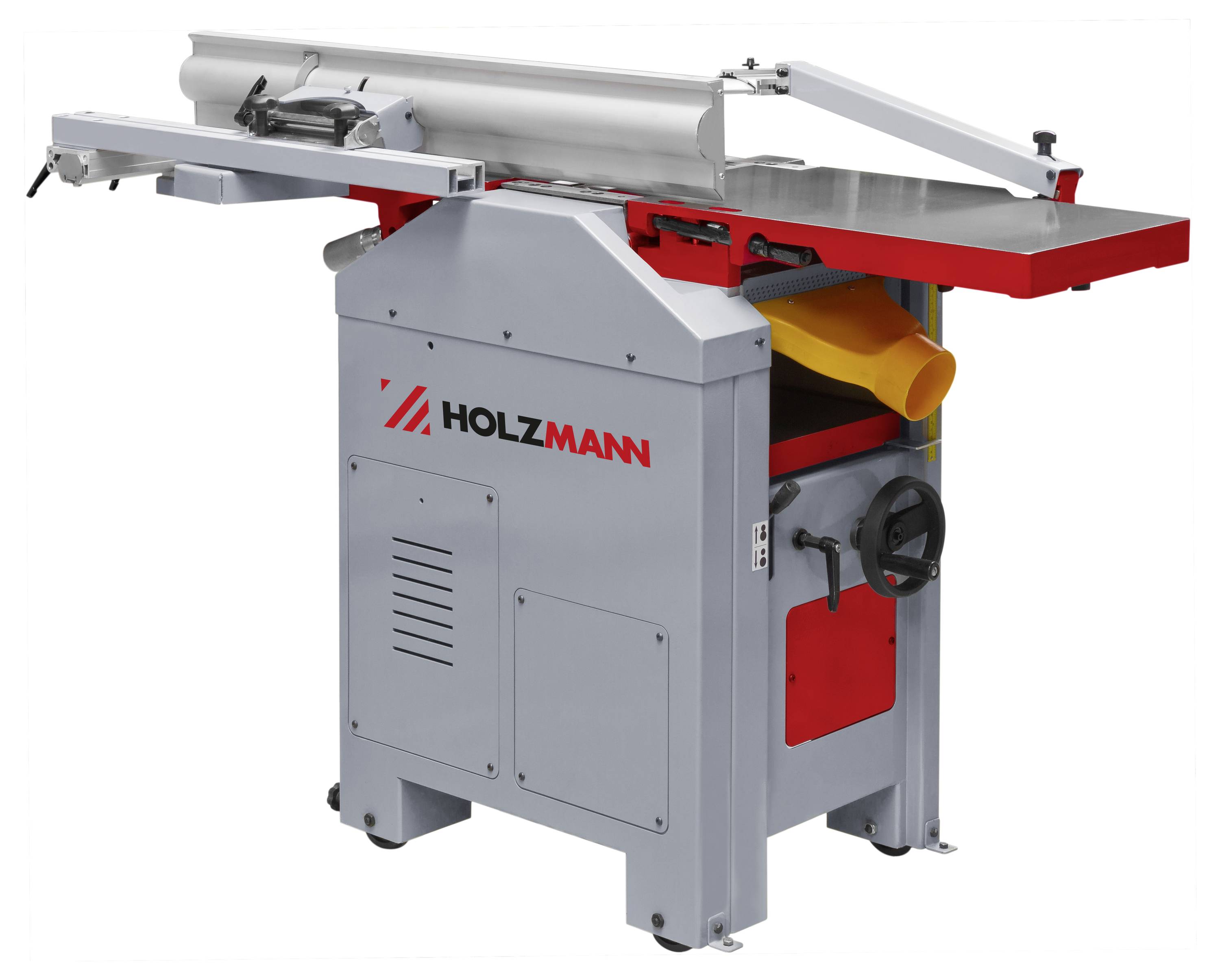 Holzbearbeitungsmaschine mit grauem und rotem Gehäuse, gespiegelten Bedienelementen und einem Sägeblatt auf der oberen Fläche.