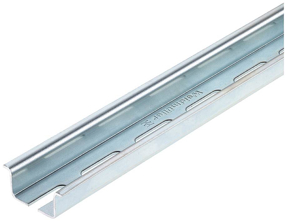 Metallschiene mit U-Profil, geeignet für die Montage von elektrischen Komponenten oder Kabelträgern; Seitenansicht in silberner Optik.