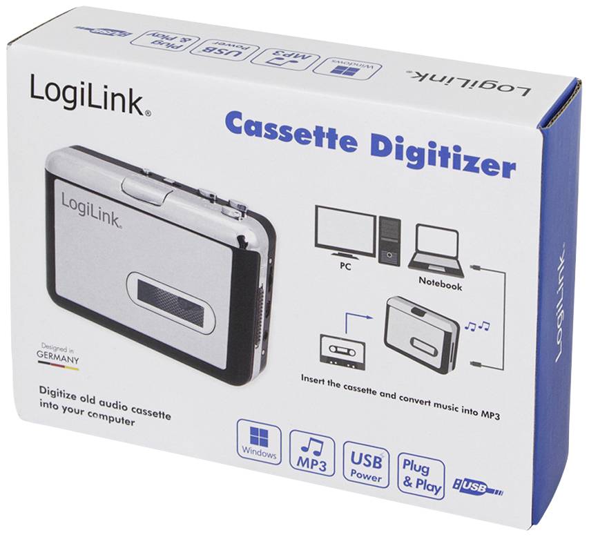 Kassettendigitalisierer von LogiLink: Gerät zum Umwandeln von Kassetten in MP3, kompatibel mit PC und Notebook. USB-Anschluss.