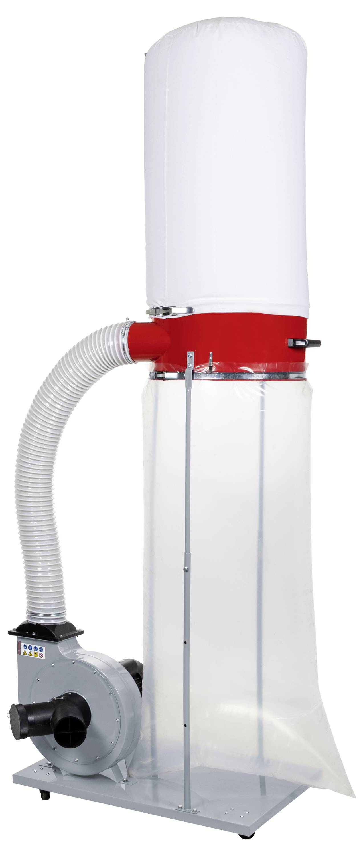 Staubsammelmaschine mit rotem oberen Gehäuse, transparentem Sammelbehälter, flexiblem Schlauch und auf einem Metallgestell montiertem Gebläse.