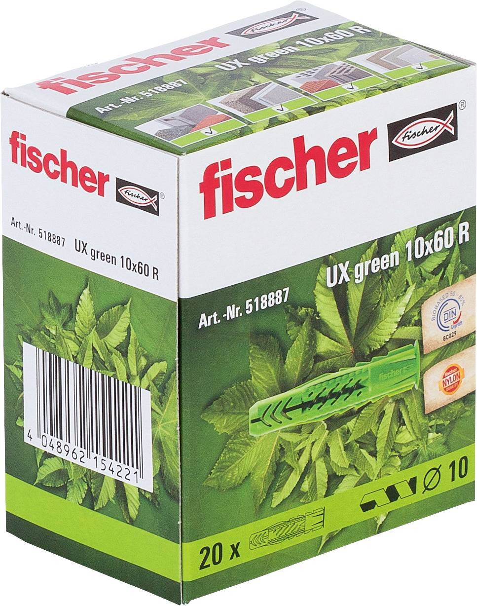 Fischer UX grün 10x60 R Spreizdübel Box, gezeigt mit Produktmarketing, Barcode und 20er-Menge auf grüner Verpackung.
