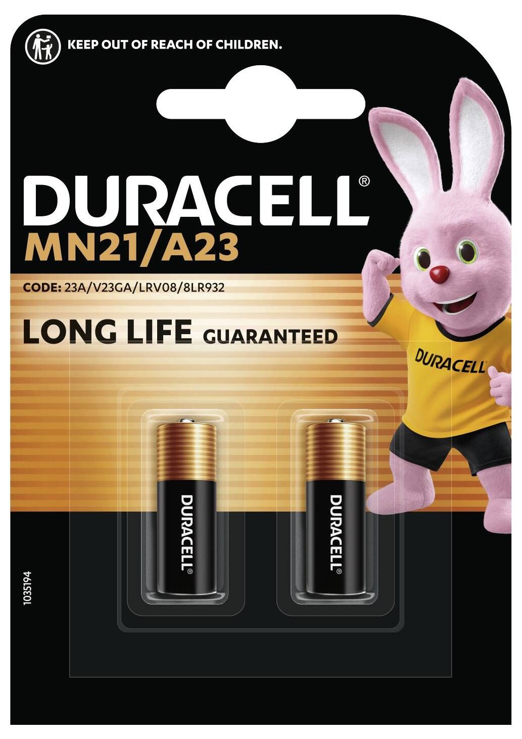 'Duracell MN21/A23 Batterieset' mit zwei Batterien und einer laufenden rosa Hasenfigur auf der Verpackung, mit der Aufschrift 'LANGE Lebensdauer garantiert'.