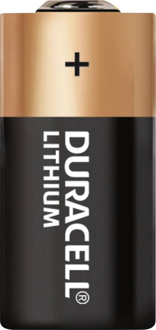 Eine Duracell Lithium-Batterie, zylindrisch, mit kupferfarbenem oberen Bereich und schwarzem unteren Bereich, auf dem 'DURACELL' steht.