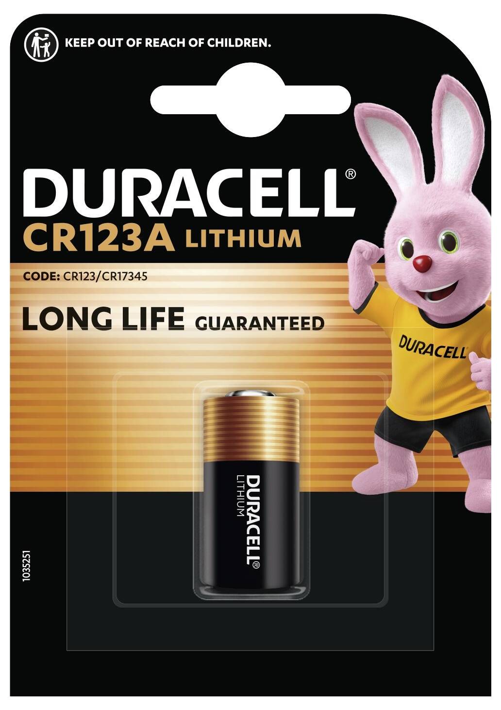 Duracell CR123A Lithium-Batterie Verpackung mit rosafarbenem Hasen-Maskottchen. Text „Lange Lebensdauer garantiert