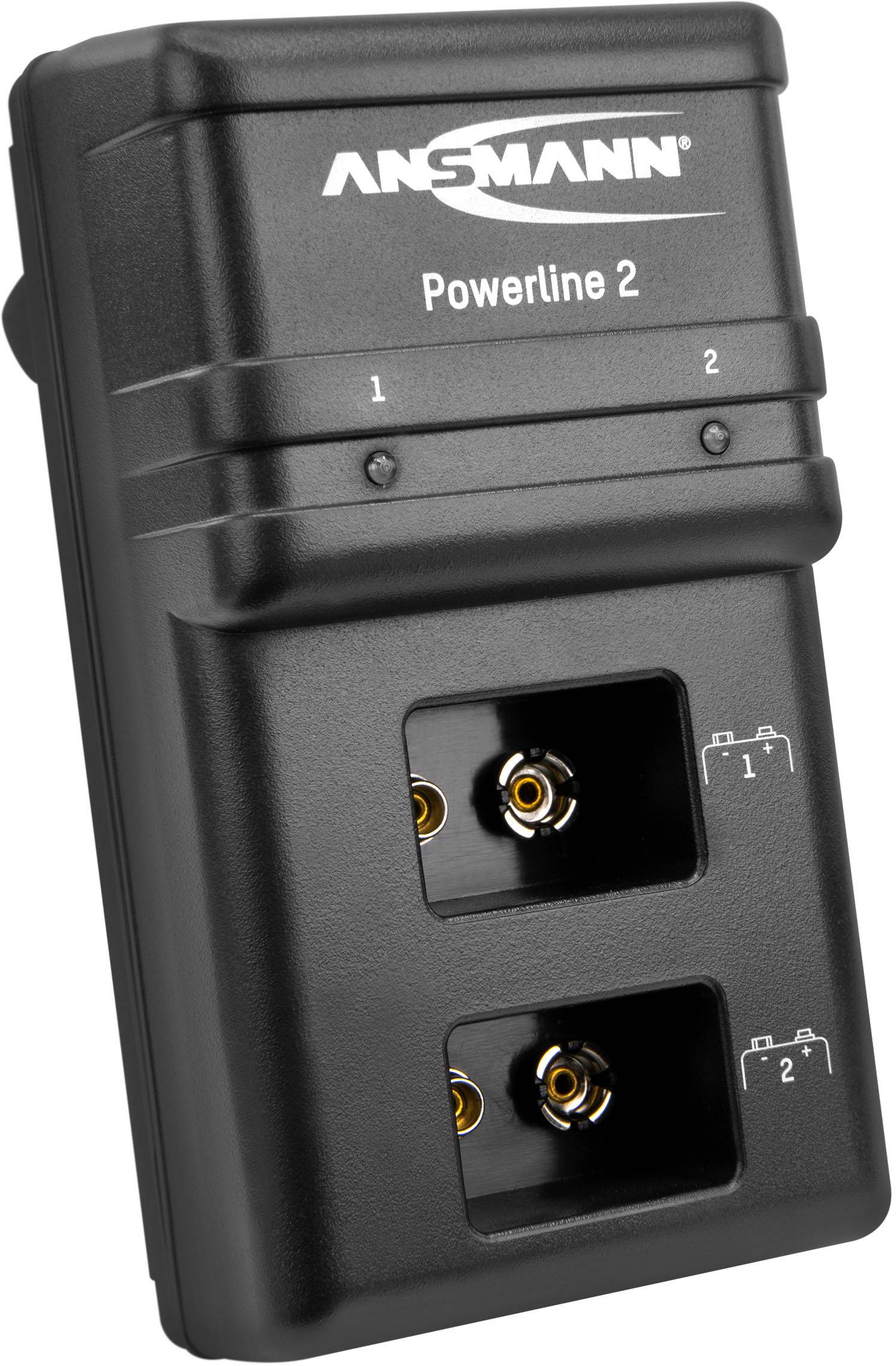 Schwarzes Ansmann Powerline 2 Ladegerät mit zwei Batterie-Steckplätzen, nummeriert als '1' und '2'.