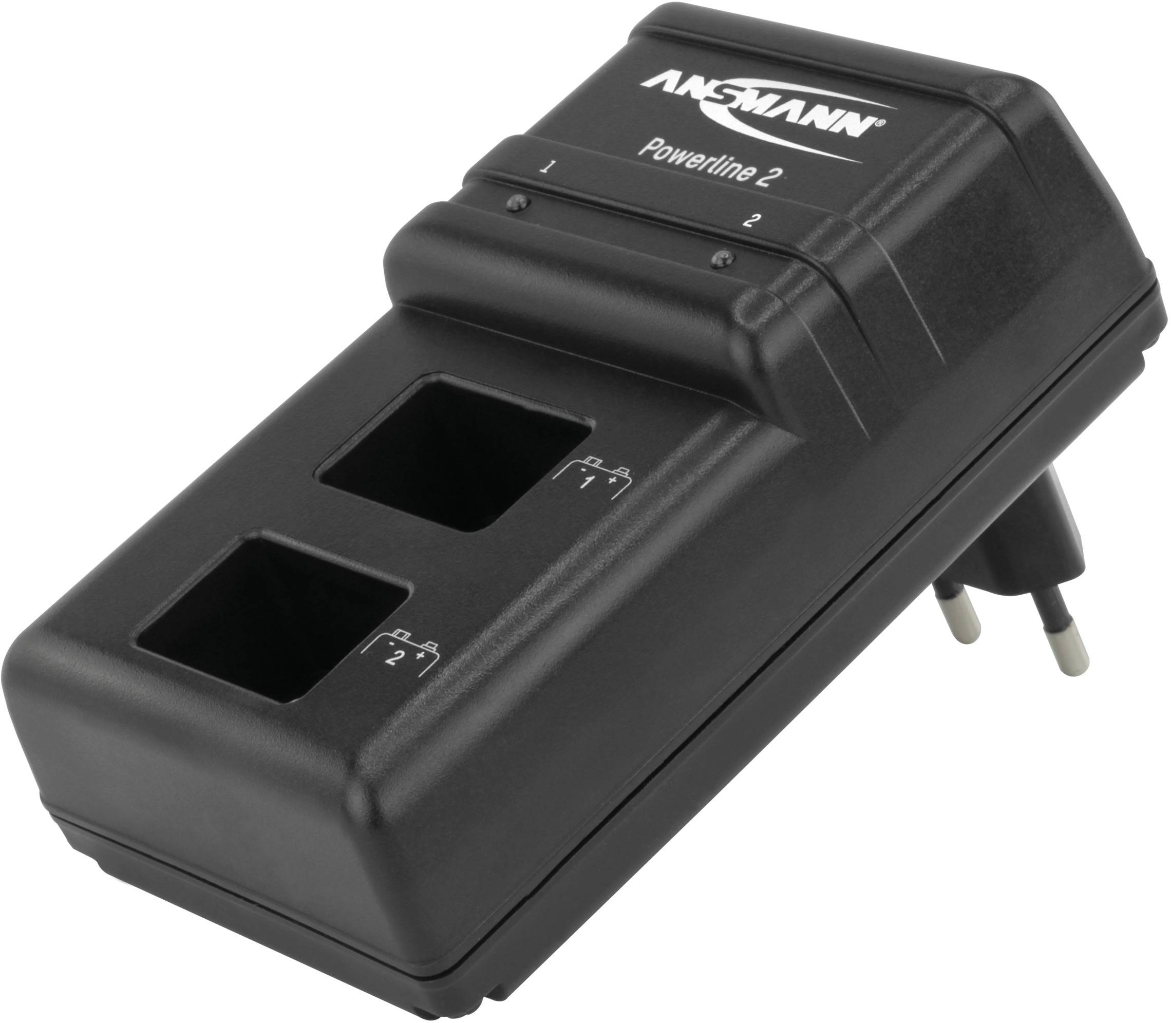 Ein schwarzes Ladegerät mit zwei Akkuschächten und europäischen Steckdosenanschluss, Modellbezeichnung 'Powerline 2' oben.