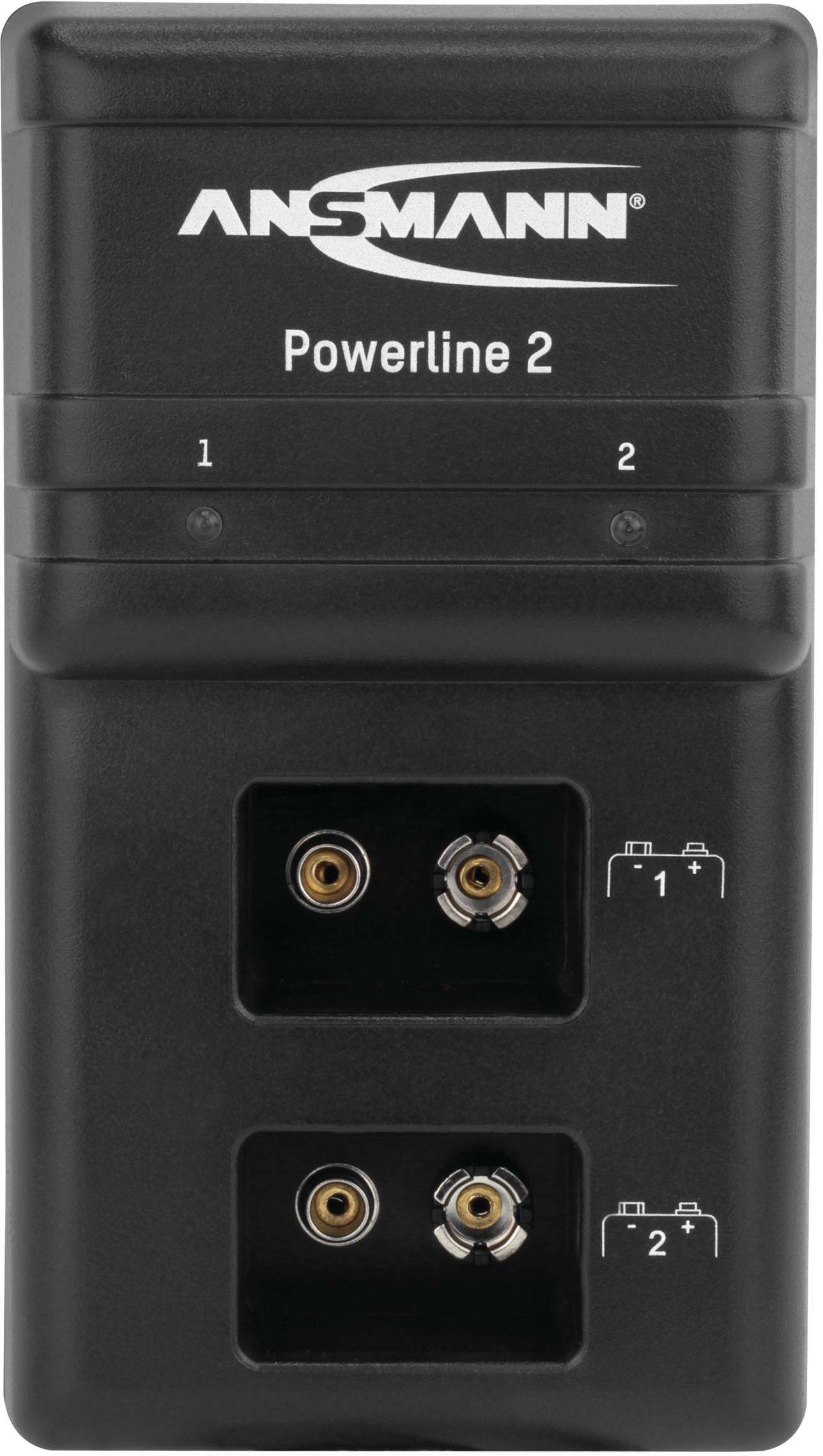 Ansmann Powerline 2 Batterieladegerät mit zwei Ladeschächten für unterschiedliche Batteriegrößen, schwarze Farbe, kompakte Bauweise.