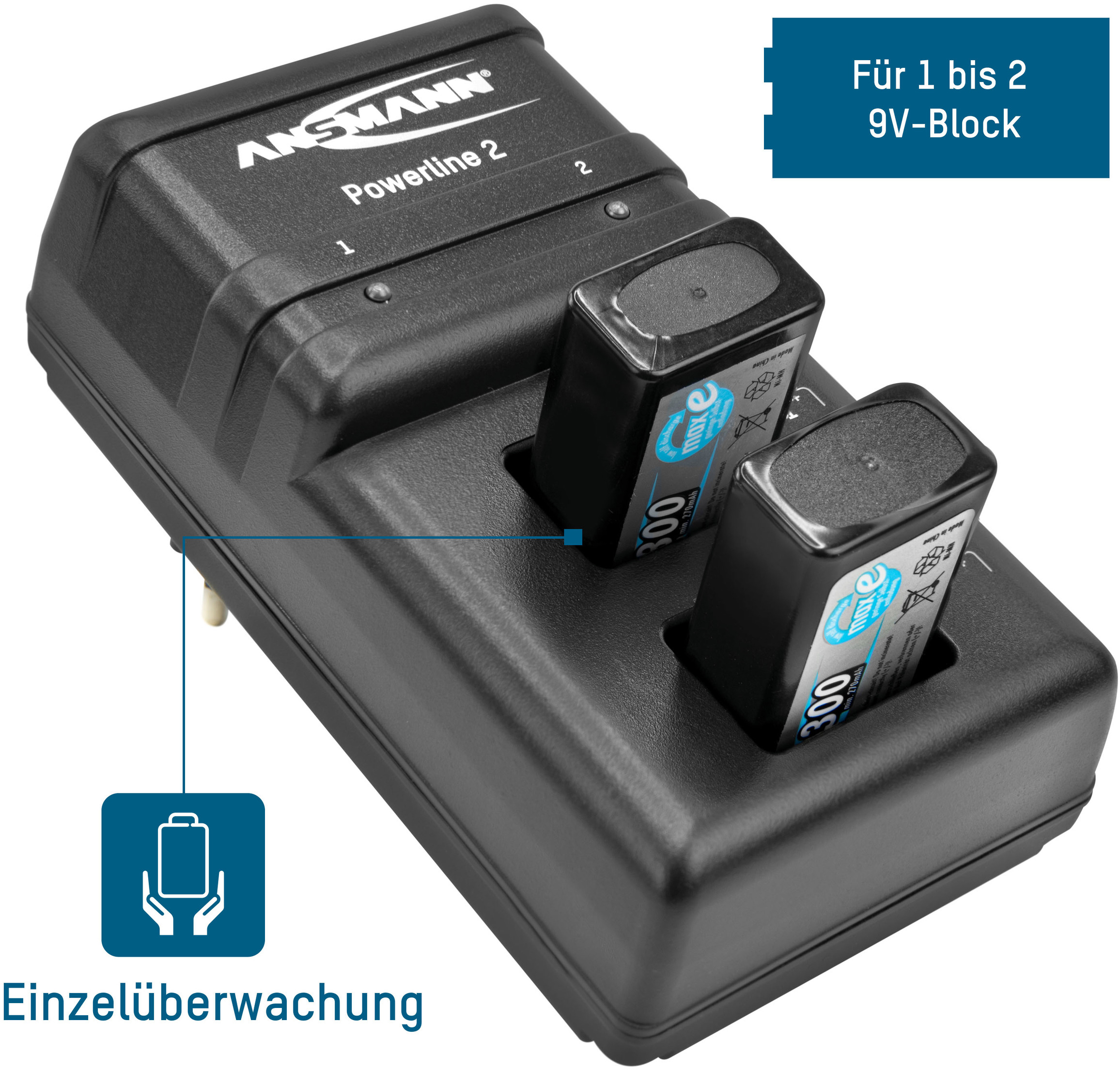 Ladegerät für ein bis zwei 9V-Blöcke, mit individueller Überwachung. Zwei eingelegte 9V-Batterien werden aufgeladen.