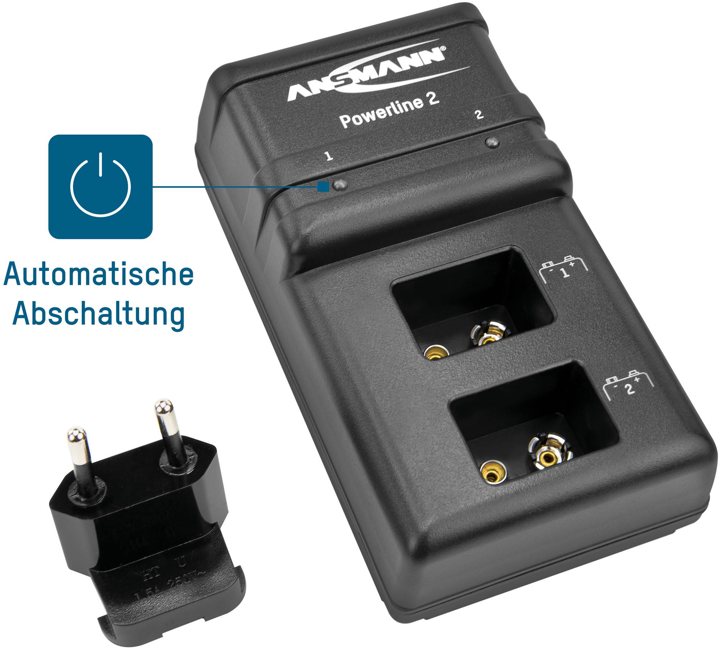Ladegerät 'Ansmann Powerline 2' mit zwei Ladeplätzen und Netzadapter, verfügt über automatische Abschaltung für Sicherheit.