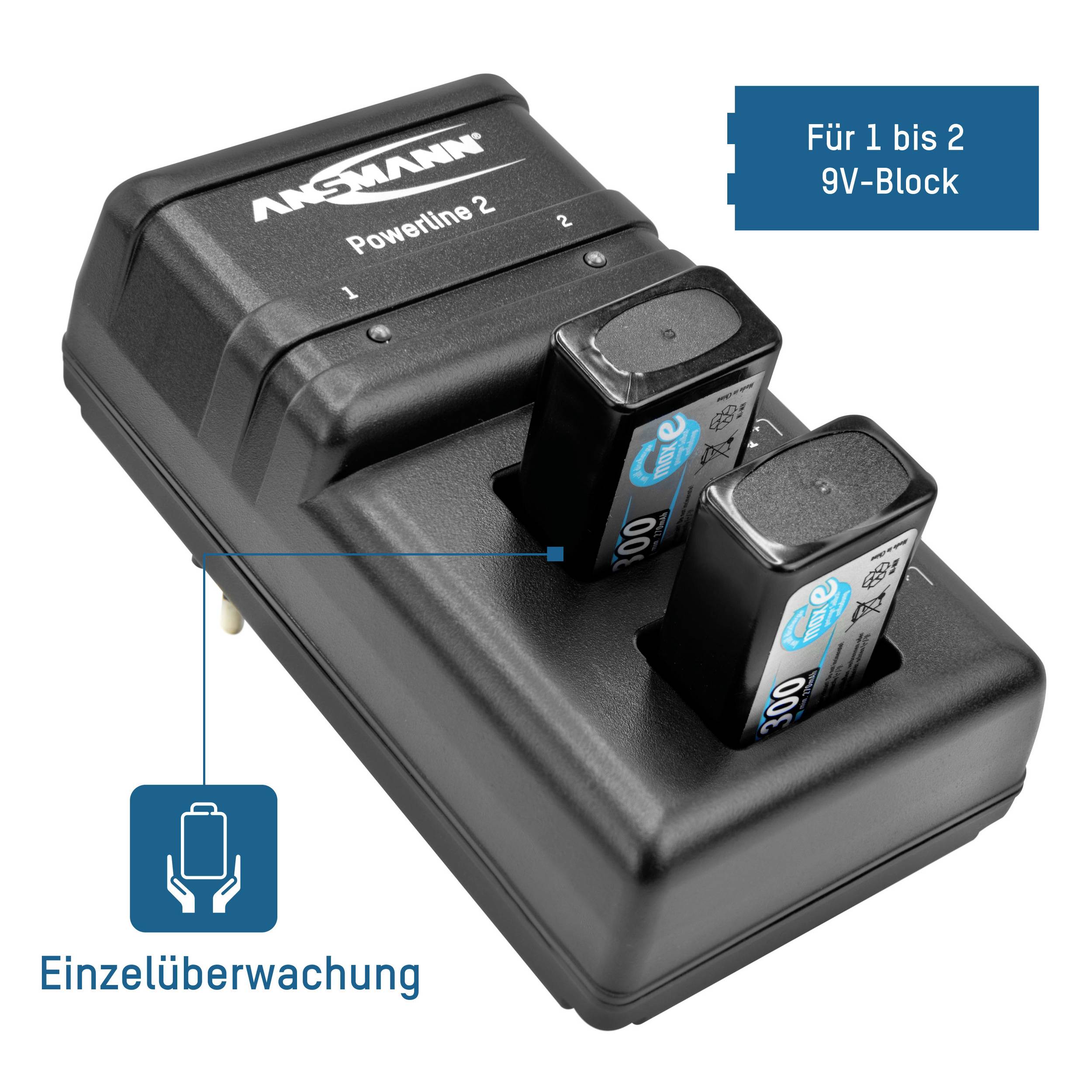 Ladegerät mit zwei 9V-Batterien. Beschriftung zeigt 'Einzelüberwachung' und Hinweis: Für 1 bis 2 9V-Blöcke.