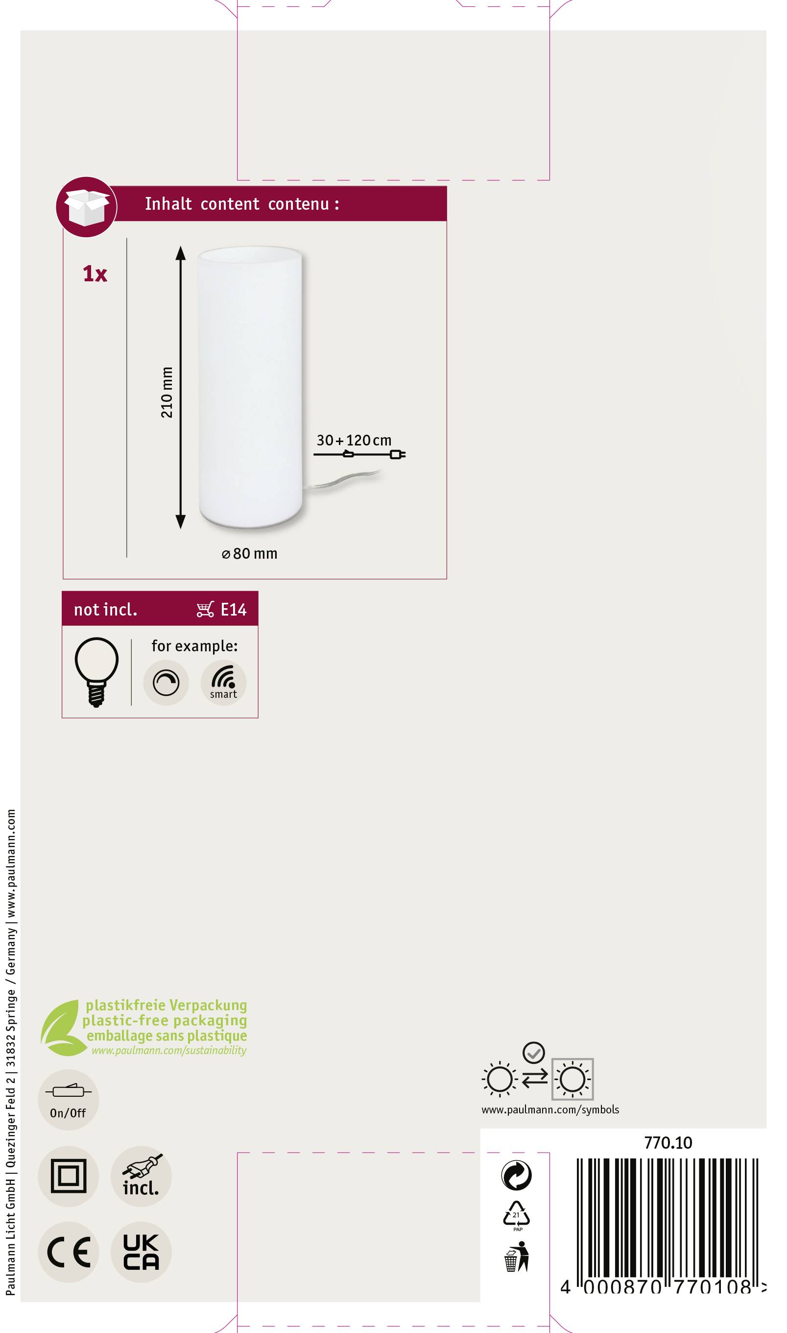 Verpackungsinhalt: 1x Leuchte, geeignet für E14-Lampen (nicht inklusive). Maße: 29 cm hoch, 8 cm Durchmesser. Plastikfreie Verpackung.