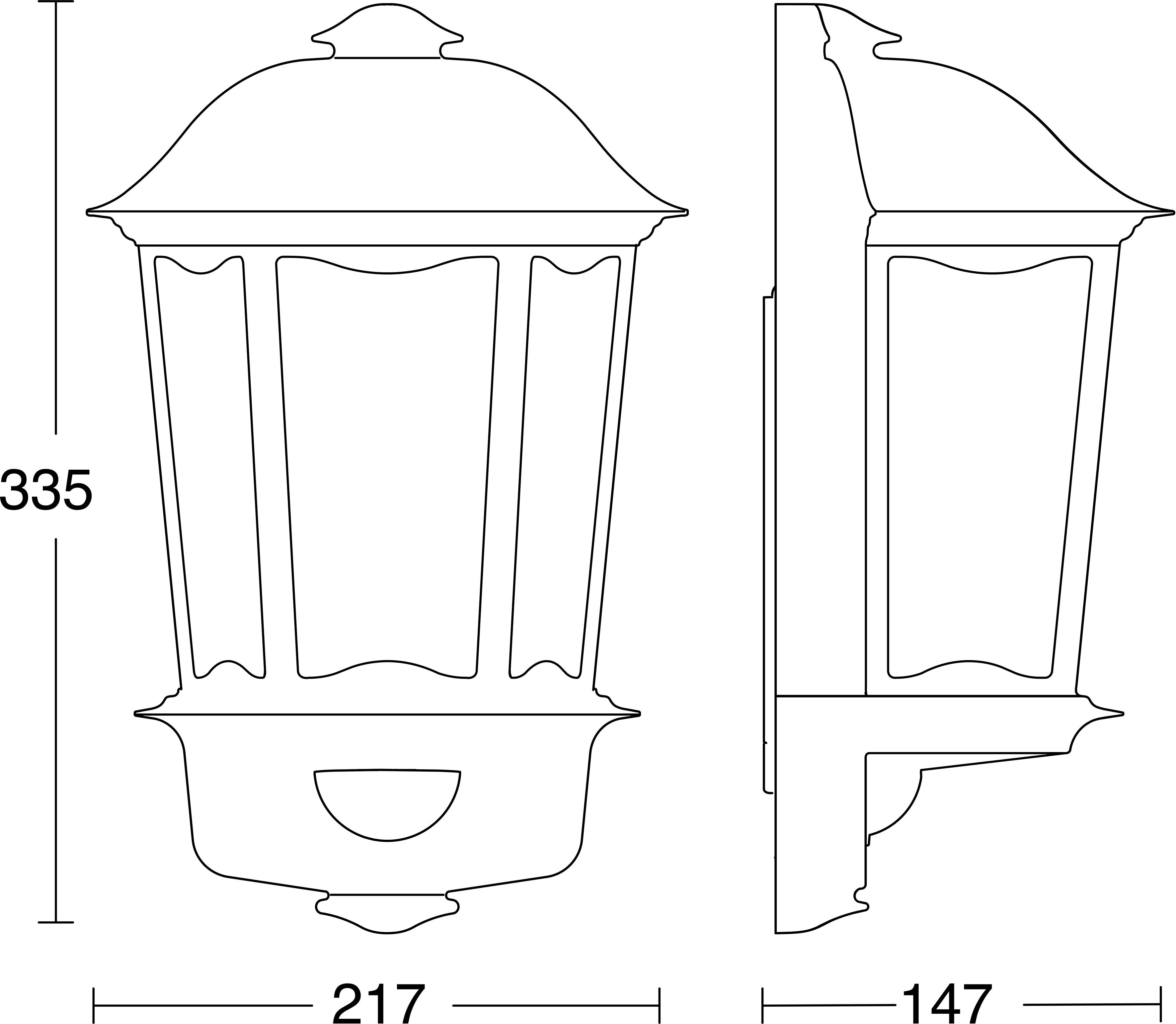 Technische Linienzeichnung einer wandmontierten Laternen-Leuchte, dargestellt in Front- und Seitenansicht mit den Abmessungen 335 mm Höhe, 217 mm Breite und 147 mm Tiefe.