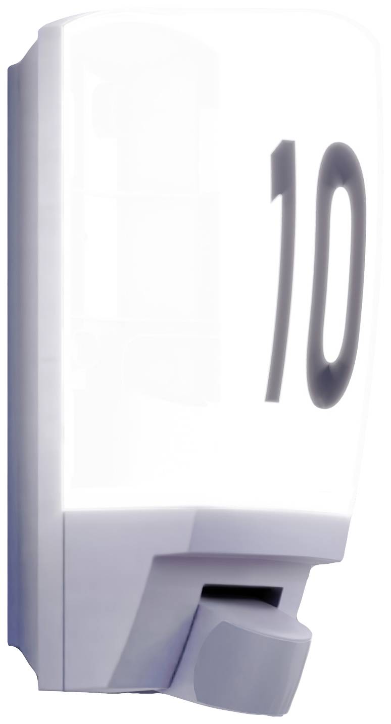 Automatischer Seifenspender mit minimalistischem Design und der Zahl '10' darauf. Ideal für hygienische Anwendungen.