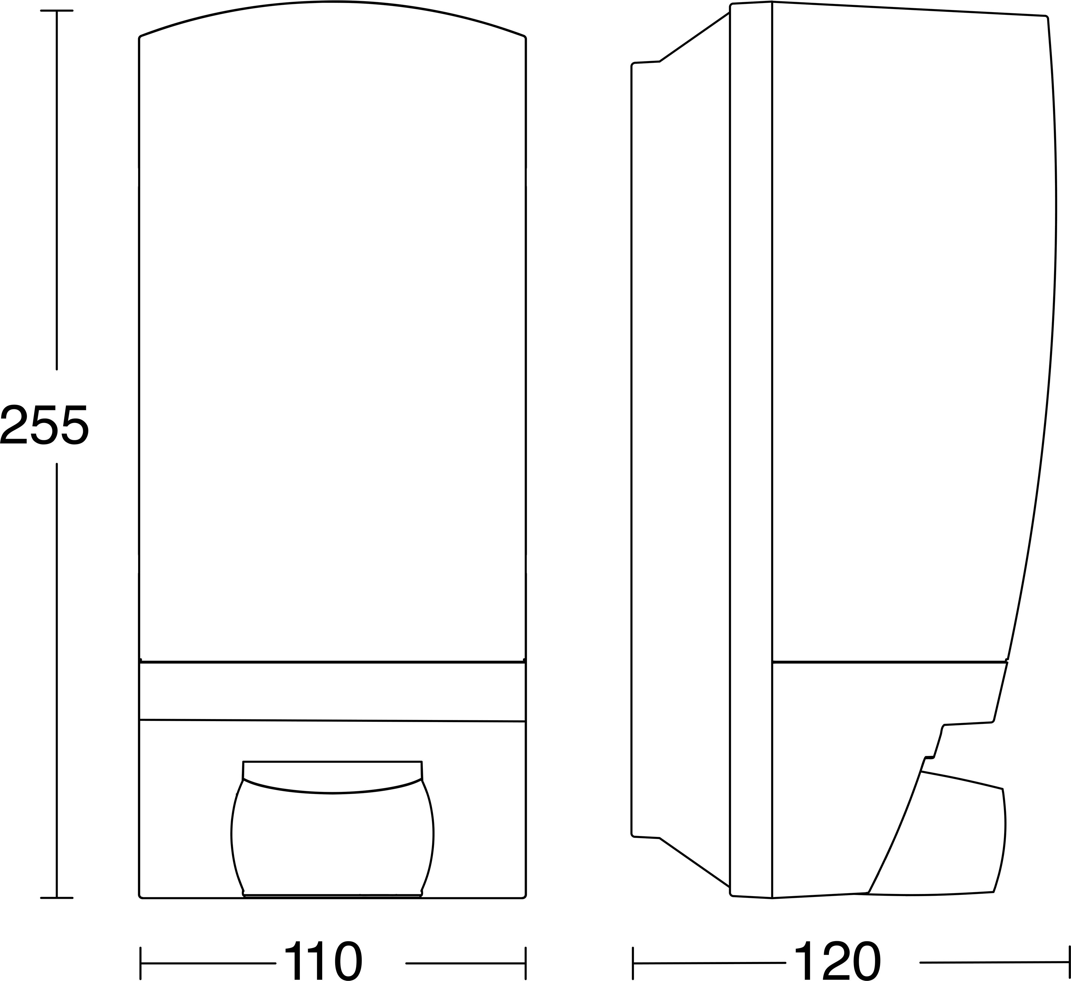 Technische Zeichnung einer Flasche oder eines Behälters, dargestellt in Vorder- und Seitenansicht mit den Abmessungen 255 hoch, 110 breit und 120 tief.