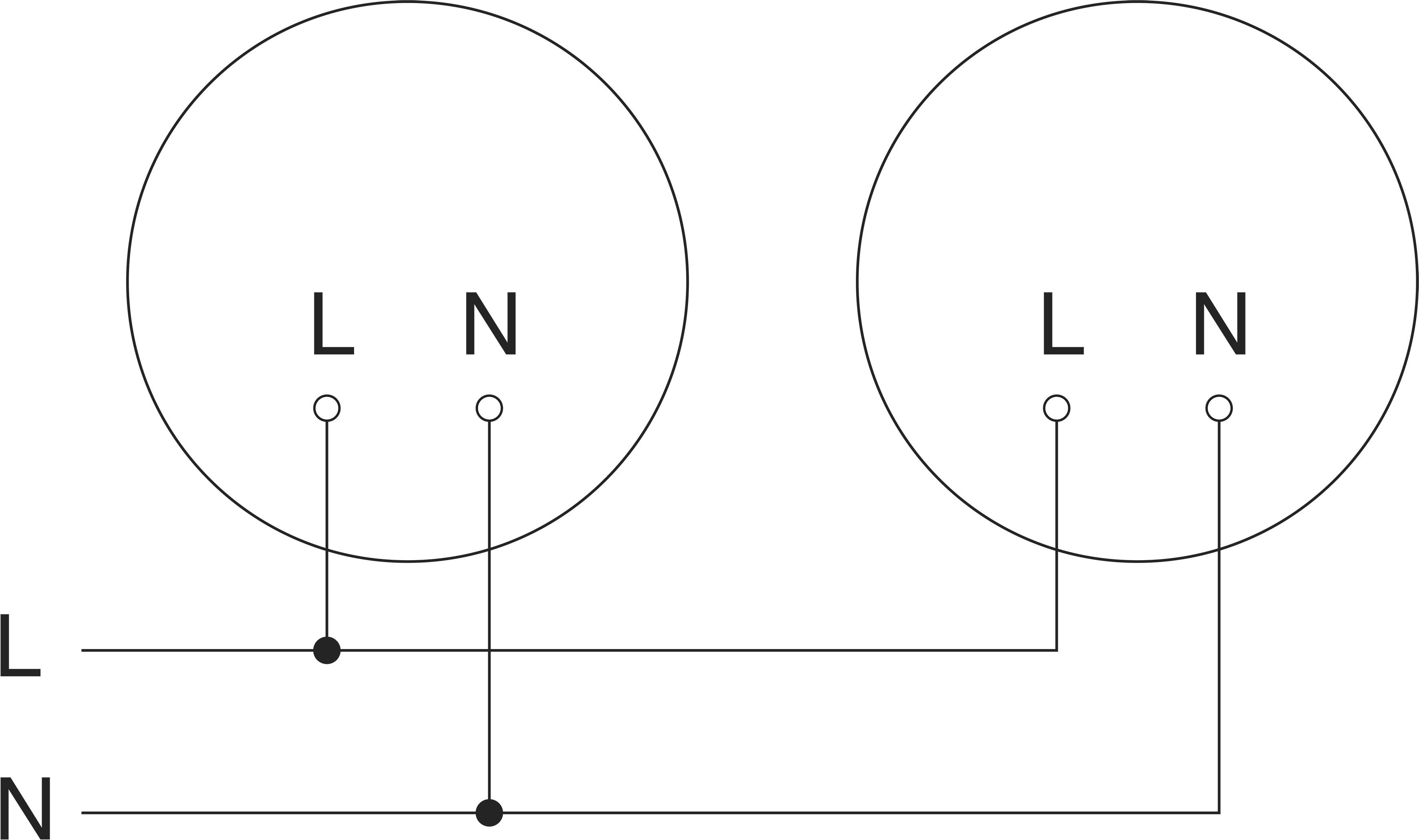 Schaltschema mit zwei Leuchten, die parallel zu den Klemmen Stromführend (L) und Neutral (N) verbunden sind, mit gekennzeichneten Verbindungspunkten und Verdrahtungswegen mit den Bezeichnungen L und N.