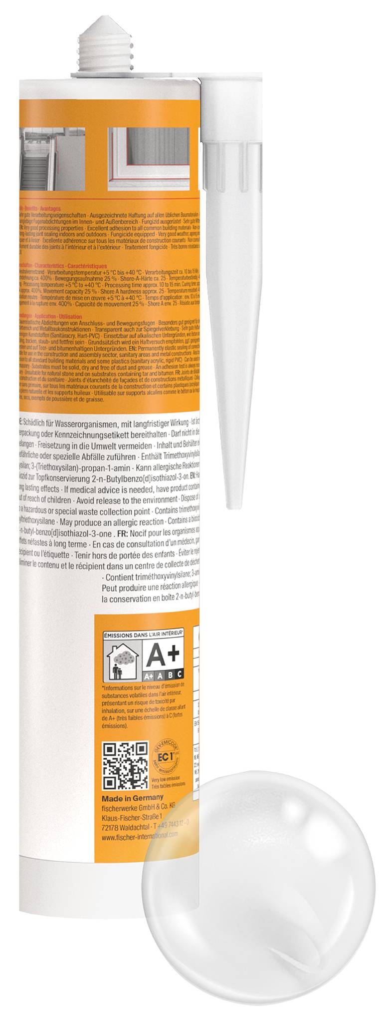 Orange-weiße Klebstoffpatrone mit langem Auslaufer, Produktetikett, QR-Code und A+-Bewertung, gezeigt neben einer klaren runden Applikatormütze.